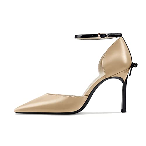 Aachcol Women Stiletto High Heel Pointed Toe Pumps Ankle Strap Two-Piece Bow-Knot Wedding Dress 3.3 Inches Heels Beige