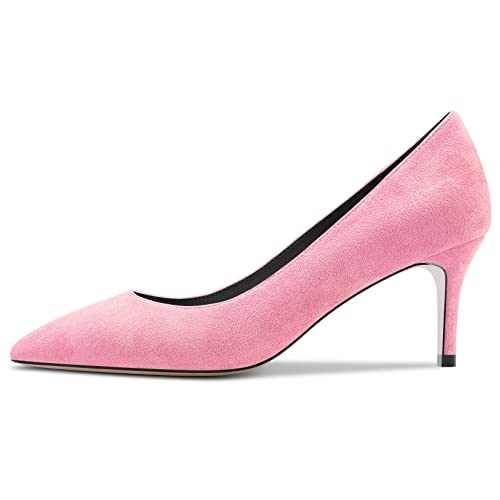 aachool Womens Pumps Pointed Toe High Stiletto Heel Slip On Suede Dress Shoes Classic Pink 2.5 Inch