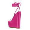 Aachcol Womens High Wedge Platform Heel Peep Open Toe Ankle Strap Sandals Lace Wedding Clear Dress Shoes 5.9 Inches Heels Magenta Peach Red