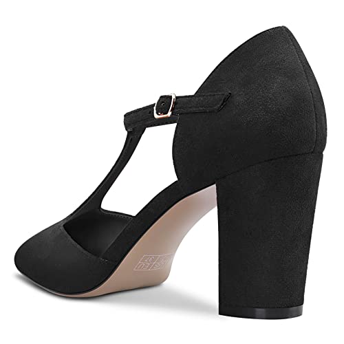 Aachcol Womens Pumps T-Strap Pointed Closed Toe Block Chunky High Heel Ankle Strap Sandals Suede Dress Shoes Bridal Wedding Shopping Black 3 Inch