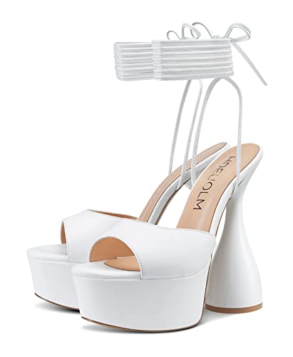 HDEUOLM Women High Heels Platform Ankle Strap Sandals Open Toe 6 Inch Chunky Heel Clear Heeled Plus Size Shoes White Patent
