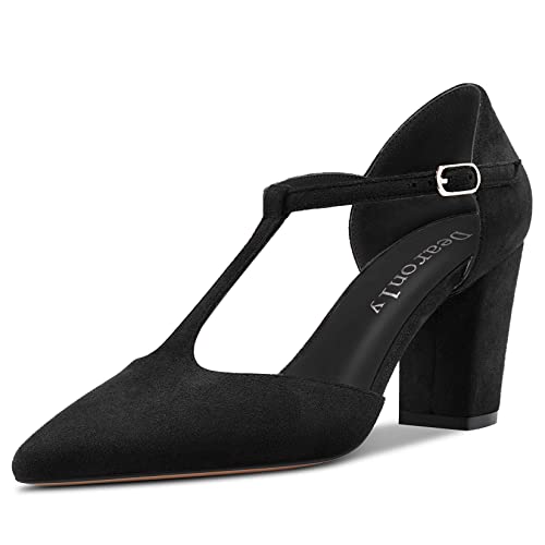 Aachcol Womens Pumps T-Strap Pointed Closed Toe Block Chunky High Heel Ankle Strap Sandals Suede Dress Shoes Bridal Wedding Shopping Black 3 Inch