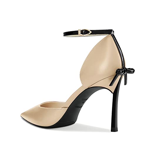 Aachcol Women Stiletto High Heel Pointed Toe Pumps Ankle Strap Two-Piece Bow-Knot Wedding Dress 3.3 Inches Heels Beige
