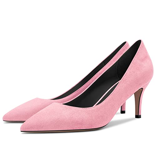 aachool Womens Pumps Pointed Toe High Stiletto Heel Slip On Suede Dress Shoes Classic Pink 2.5 Inch