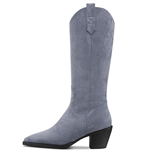 Aachcol Womens Western Cowboy Cowgirl Boots Mid Calf Pull-Up Closed Pointed Toe Block Chunky Heel Zipper Suede Dress Shoes Classic Grey 2.5 Inch