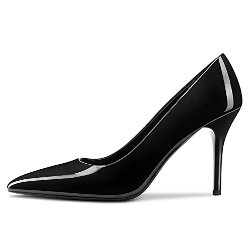 Aachcol Womens Pumps Pointed Toe Slip On Stiletto High Heel Patent Dress Shoes Office Black 3.5 Inch