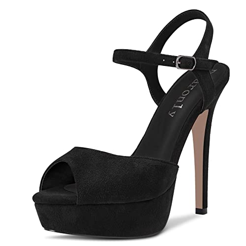 Aachcol Womens Platform Sandals Peep Open Toe Ankle Strap Stiletto High Heel Suede Dress Shoes Bridal Wedding Black 5 Inch