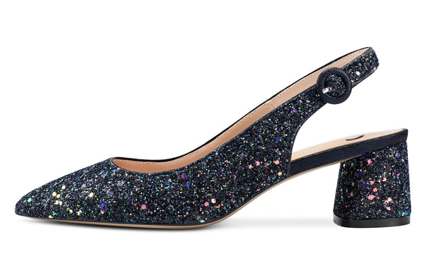 Aachcol Womens Chunky Block Heels Slingback Pumps Slip-on Pointy Toe 5CM Heel Glitter Sandals