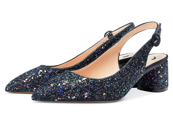 Aachcol Womens Chunky Block Heels Slingback Pumps Slip-on Pointy Toe 5CM Heel Glitter Sandals
