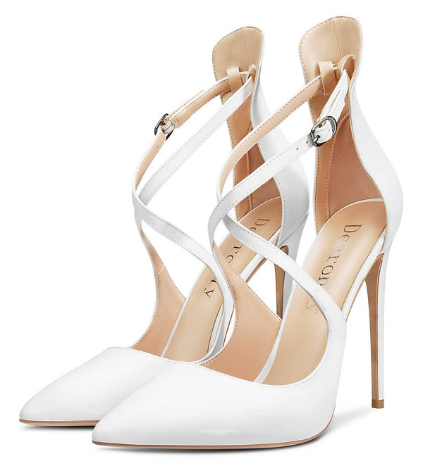 Aachcol Women's High Heels Cross Ankle Strap Pumps Pointed Toe 4.7" Inch Patent Heel Buckle