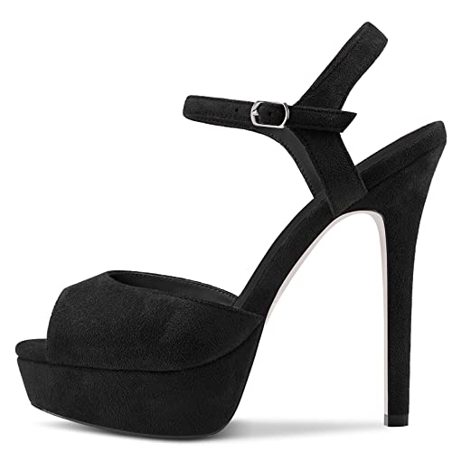 Aachcol Womens Platform Sandals Peep Open Toe Ankle Strap Stiletto High Heel Suede Dress Shoes Bridal Wedding Black 5 Inch