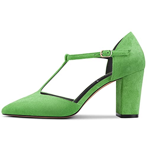 Aachcol Womens Pumps T-Strap Pointed Closed Toe Block Chunky High Heel Ankle Strap Sandals Suede Dress Shoes Bridal Wedding Shopping Light Green 3 Inch
