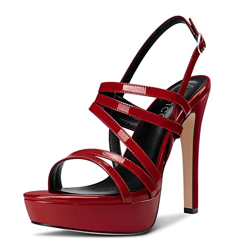 Aachcol Women Sandals Platform Peep Open Toe Backstrap Ankle Strap Slingback Stiletto High Heel Dress Shoes Pumps Wedding Patent Burgundy Red 5 Inch