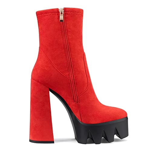 Aachcol Women Platform Ankle Boots Short Bootie High Heel Close Toe Chunky Block 5.9 Inches Heels Zipper Slip-on Boots Red Suede 8 M US