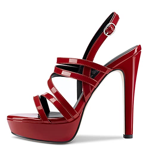 Aachcol Women Sandals Platform Peep Open Toe Backstrap Ankle Strap Slingback Stiletto High Heel Dress Shoes Pumps Wedding Patent Burgundy Red 5 Inch