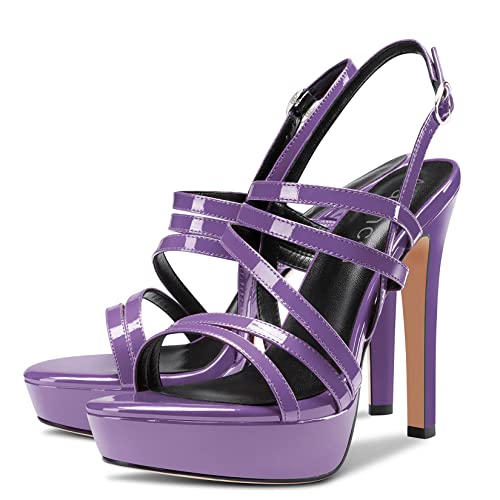 Aachcol Women Sandals Platform Peep Open Toe Backstrap Ankle Strap Slingback Stiletto High Heel Dress Shoes Pumps Wedding Patent Purple 5 Inch 8 US