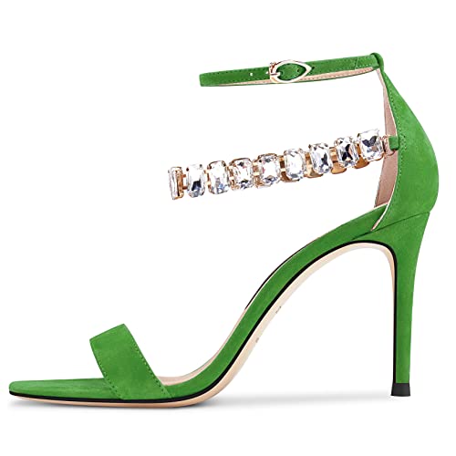 Aachcol Women Sandals Peep Open Toe Ankle Strap Stiletto High Heel Sexy Dress Shoes Pumps Office Wedding Satin Light Green 3 Inch