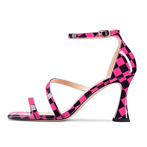 Aachcol Women High Heel Open Toe Sandals Ankle Strap Gladiator Wedding Prom Dress 3.3 Inches Heels Pink Plaid