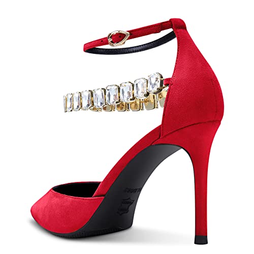 Aachcol Women Sexy Ankle Strap Stiletto High Heel Pumps Pointed Toe Dress Shoes Party Wedding Suede Red 3 Inch