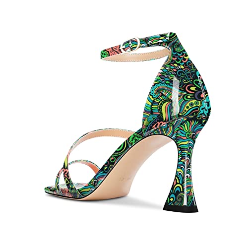 Aachcol Women High Heel Open Toe Sandals Ankle Strap Gladiator Wedding Prom Dress 3.3 Inches Heels Green Pattern
