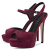 Aachcol Womens Platform Sandals Peep Open Toe Ankle Strap Stiletto High Heel Suede Dress Shoes Bridal Wedding Burgundy Red 5 Inch