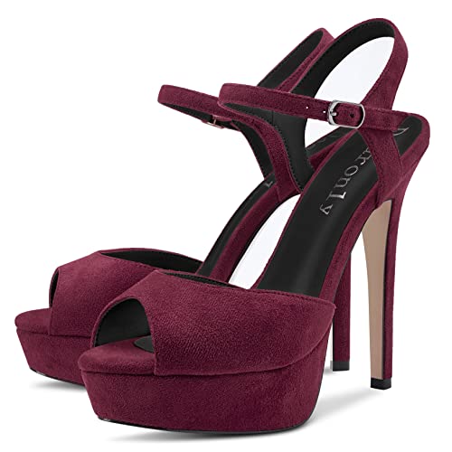 Aachcol Womens Platform Sandals Peep Open Toe Ankle Strap Stiletto High Heel Suede Dress Shoes Bridal Wedding Burgundy Red 5 Inch