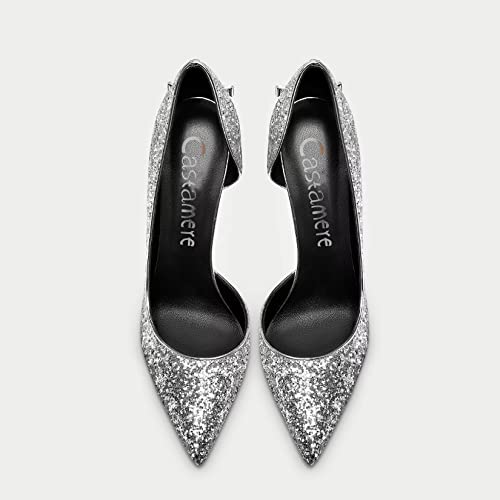Aachcol Gretta Glitter High Heels with Butterfly Bow, Elegant 3.3Inches Metallic Stiletto and Pointed Toe Design for Women Silver