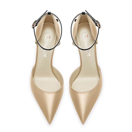 Aachcol Women Stiletto High Heel Pointed Toe Pumps Ankle Strap Two-Piece Bow-Knot Wedding Dress 3.3 Inches Heels Beige
