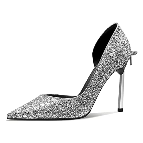 Aachcol Gretta Glitter High Heels with Butterfly Bow, Elegant 3.3Inches Metallic Stiletto and Pointed Toe Design for Women Silver