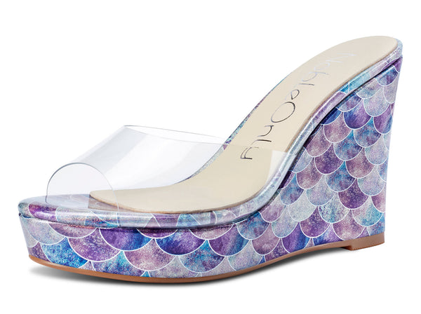 Aachcol Womens High Heels Platform Wedge Sandals Clear Transparent Comfortable Slippers Leather Lining Slip-on Office Shoes 10CM Heel