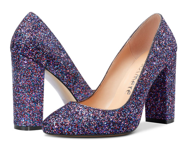 Aachcol Womens High Heels Round Toe Pumps Slip-on 10CM Chunky Block Heel Office