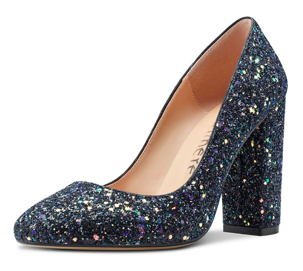 Aachcol Womens High Heels Round Toe Pumps Slip-on 10CM Chunky Block Heel Office