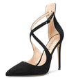 Aachcol Women's High Heels Cross Ankle Strap Pumps Pointed Toe 4.7" Inch Suede Heel Buckle