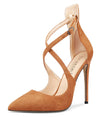 Aachcol Women's High Heels Cross Ankle Strap Pumps Pointed Toe 4.7" Inch Suede Heel Buckle