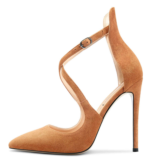 Aachcol Women's High Heels Cross Ankle Strap Pumps Pointed Toe 4.7" Inch Suede Heel Buckle