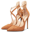 Aachcol Women's High Heels Cross Ankle Strap Pumps Pointed Toe 4.7" Inch Suede Heel Buckle