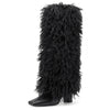 Aachcol Women's Black Shaggy Fur Knee High Boots | Square Toe Block Heel Boots