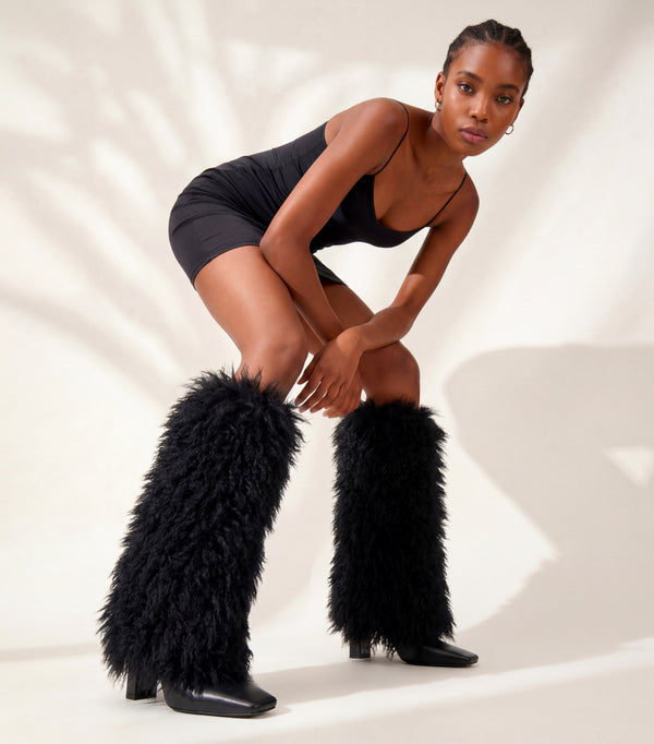 Aachcol Women's Black Shaggy Fur Knee High Boots | Square Toe Block Heel Boots