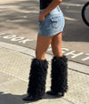 Aachcol Women's Black Shaggy Fur Knee High Boots | Square Toe Block Heel Boots