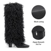 Aachcol Women's Black Shaggy Fur Knee High Boots | Square Toe Block Heel Boots