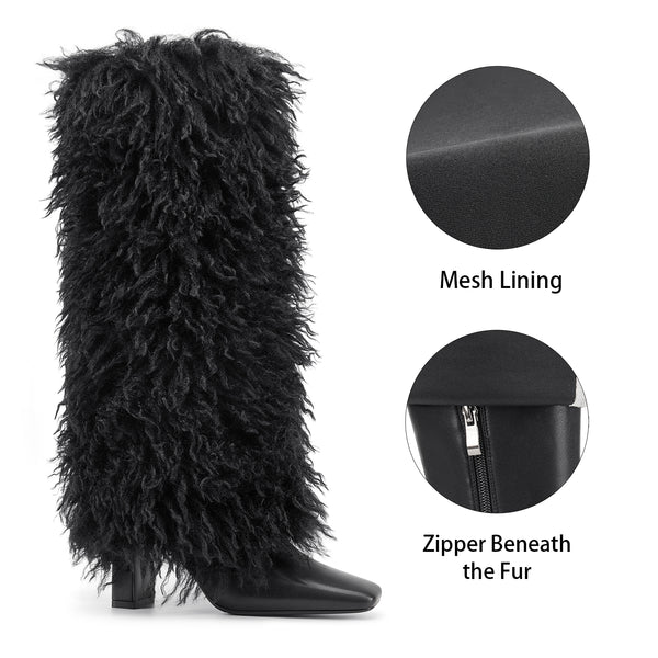 Aachcol Women's Black Shaggy Fur Knee High Boots | Square Toe Block Heel Boots