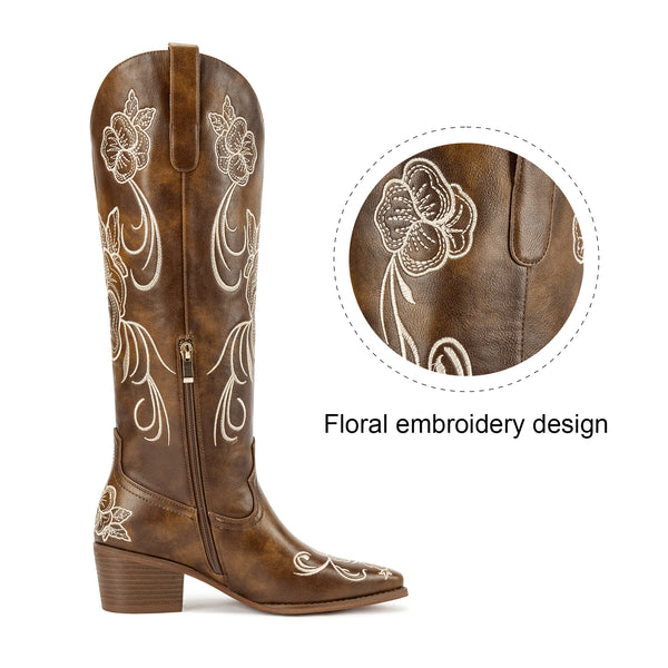 Aachcol Brown floral embroidered Western boot, view 6