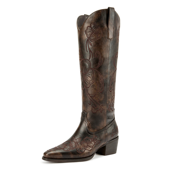 Aachcol Dark Brown floral embroidered Western boot, view 1