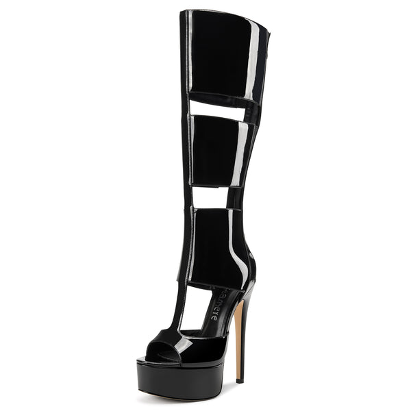 Aachcol Women's Cut-Out Platform Stiletto Boots | Patent Leather Tall Heels