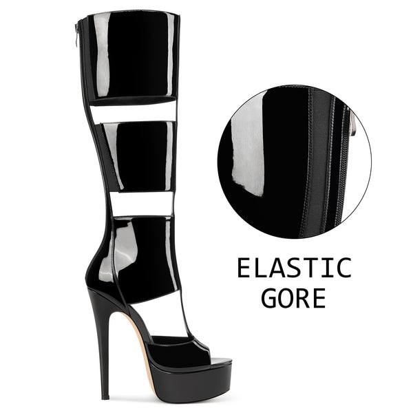 Aachcol Women's Cut-Out Platform Stiletto Boots | Patent Leather Tall Heels