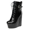 Crocodile Textured Ankle Boots with Zipper, Lace-up, and Ankle Straps _ 2-inch Platform Bootie, 6-inch Heel Shoes