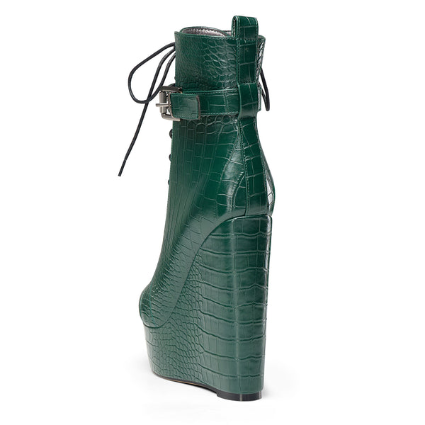 Crocodile Textured Ankle Boots with Zipper, Lace-up, and Ankle Straps _ 2-inch Platform Bootie, 6-inch Heel Shoes