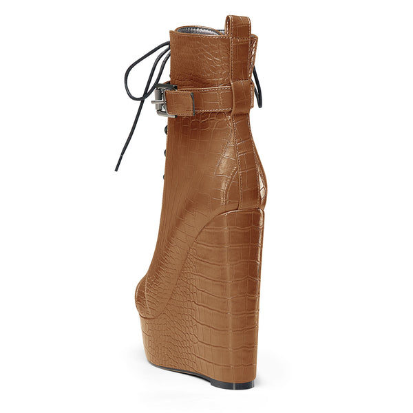 Crocodile Textured Ankle Boots with Zipper, Lace-up, and Ankle Straps _ 2-inch Platform Bootie, 6-inch Heel Shoes