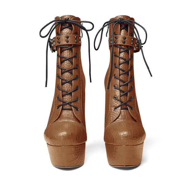 Crocodile Textured Ankle Boots with Zipper, Lace-up, and Ankle Straps _ 2-inch Platform Bootie, 6-inch Heel Shoes