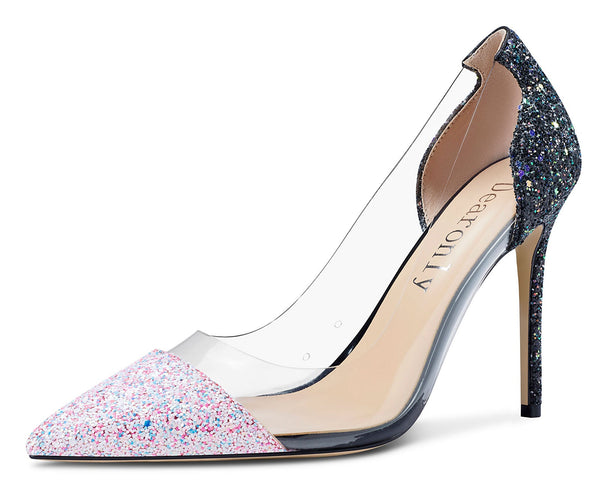 Aachcol Women's High Heels Transparent Clear Pumps Slip On Sexy Pointed Toe Stilettos 4 Inch Colorful Glitter Heel